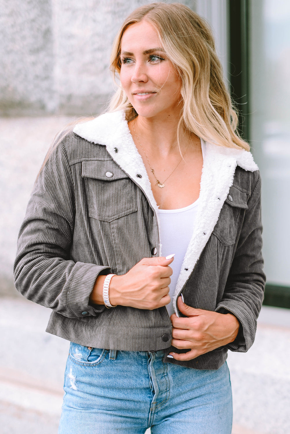 Corduroy Sherpa Snap Button Flap Jacket