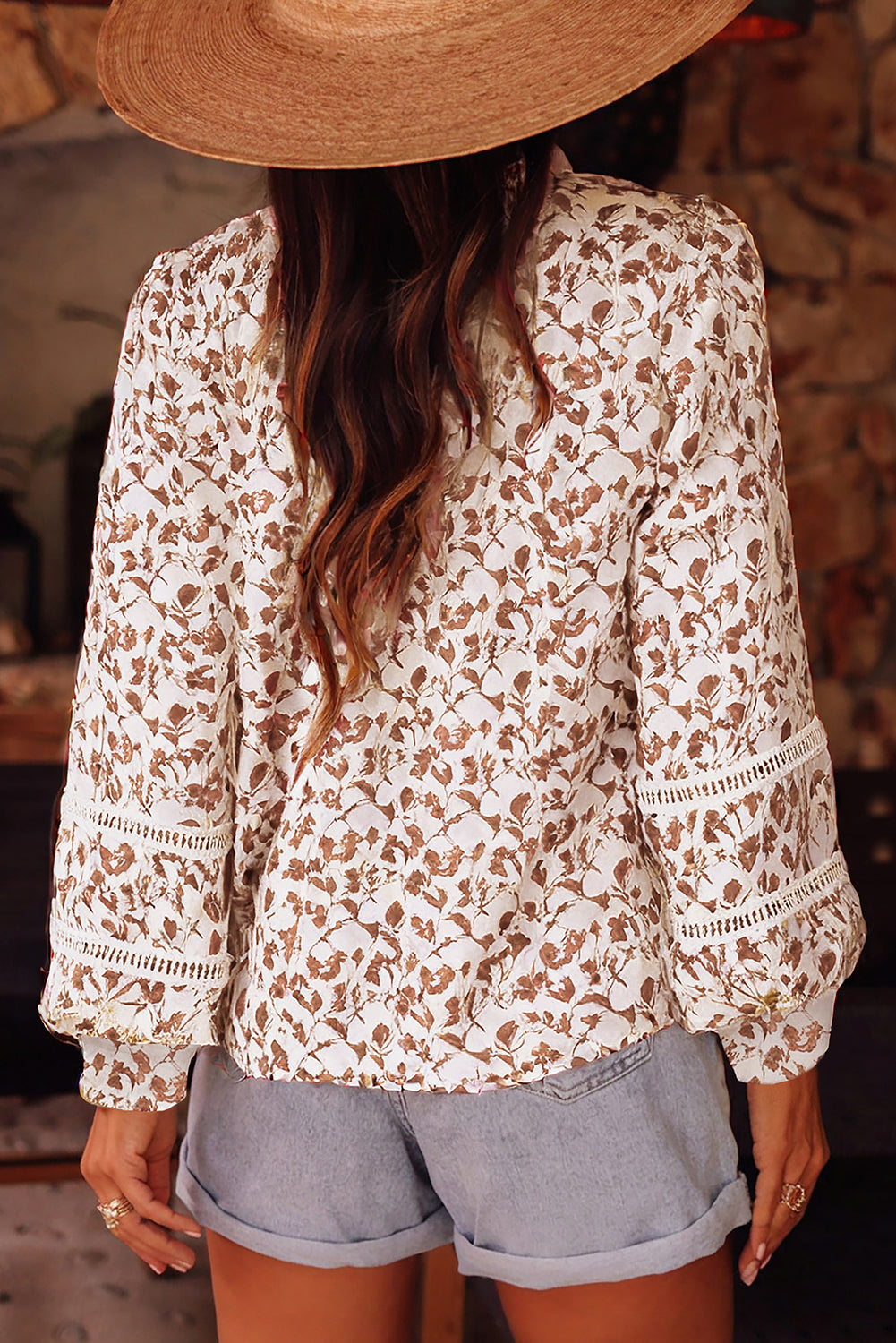 Printed Lace Detail Floral Puff Sleeve Fall Shirt