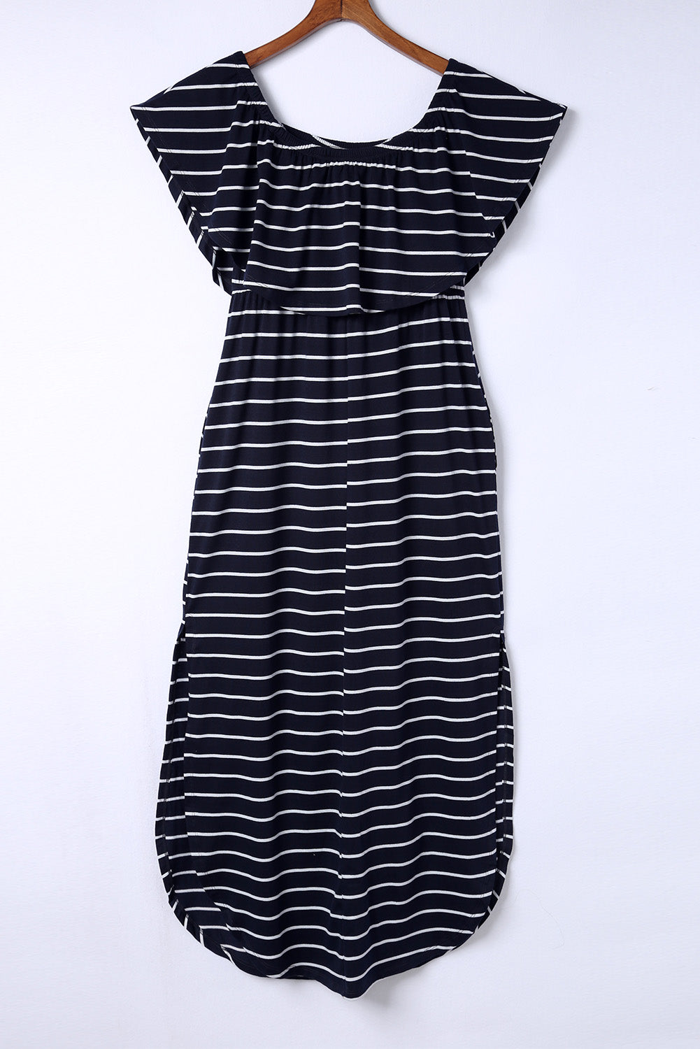 Blue Striped Print Ruffled High Waist Maxi Dress with Side Splits