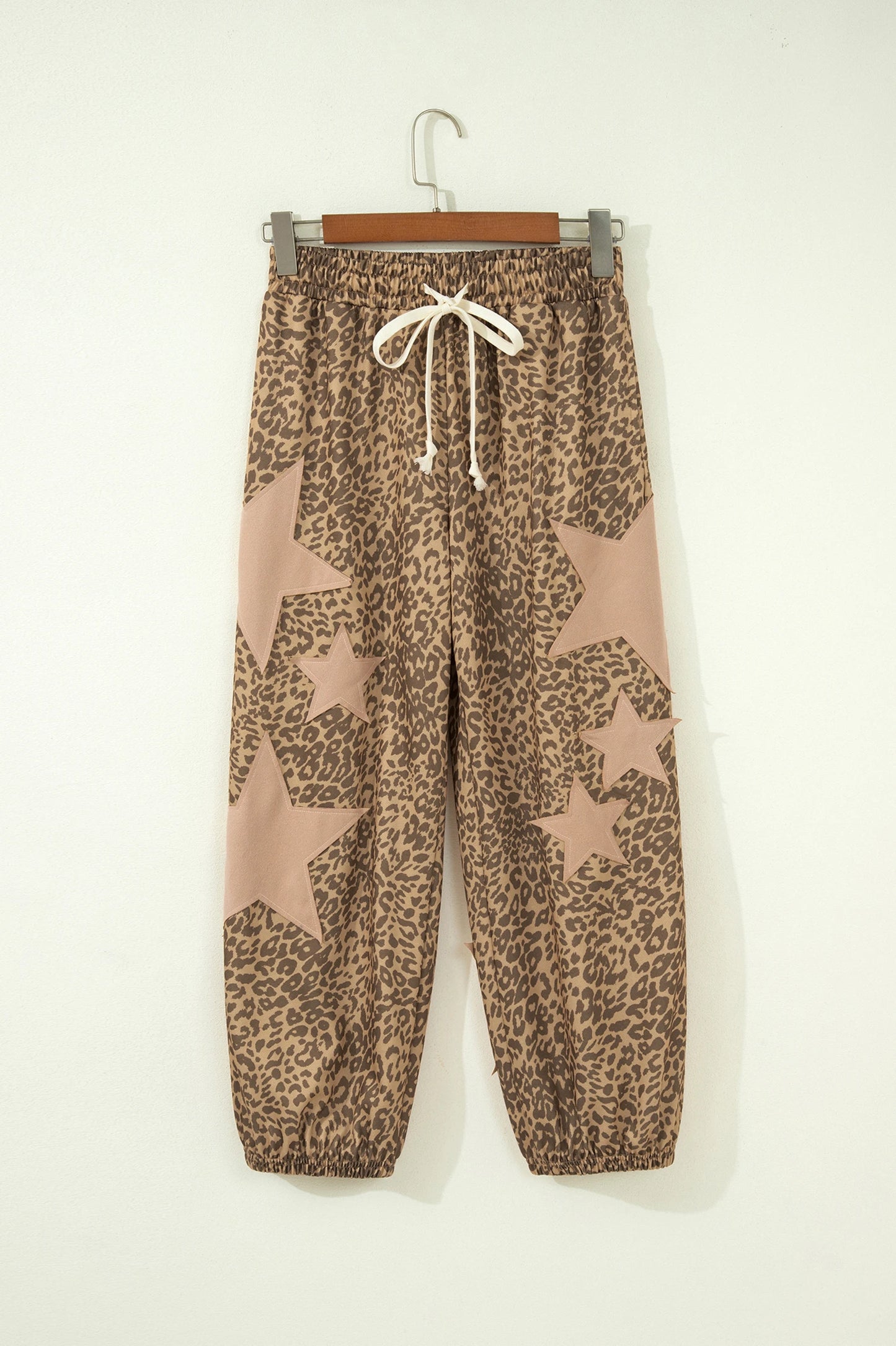 Leopard Print Star Patched Drawstring Elastic Waist Jogger Pants