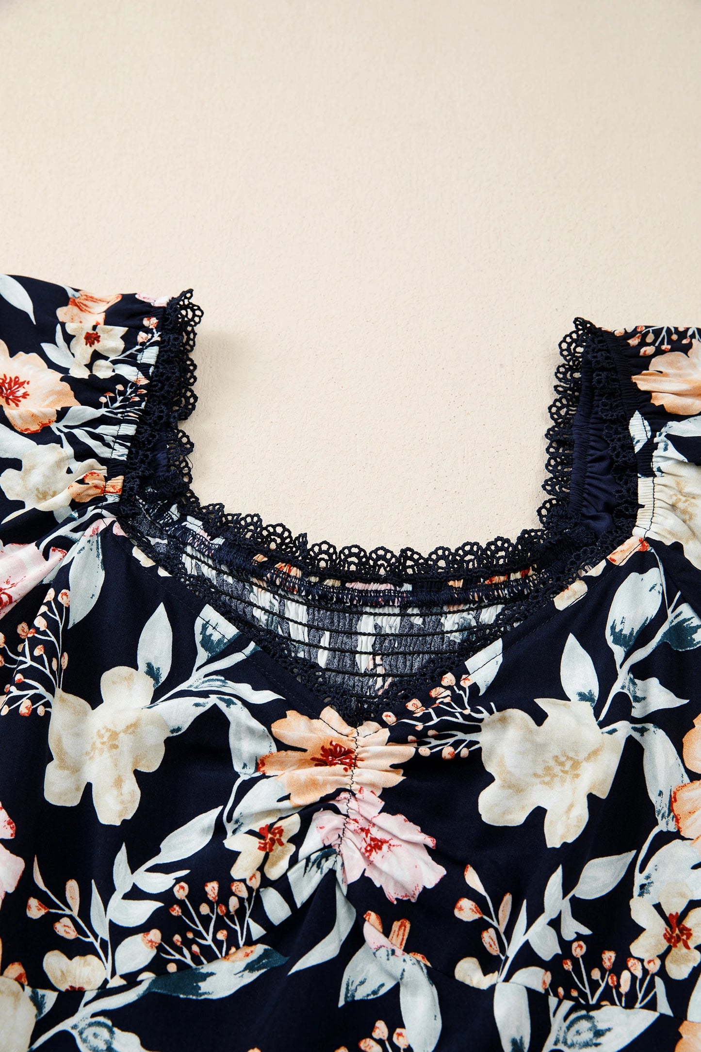 Blue Short Sleeve Smocked Detail High Waist Floral Maxi Dress
