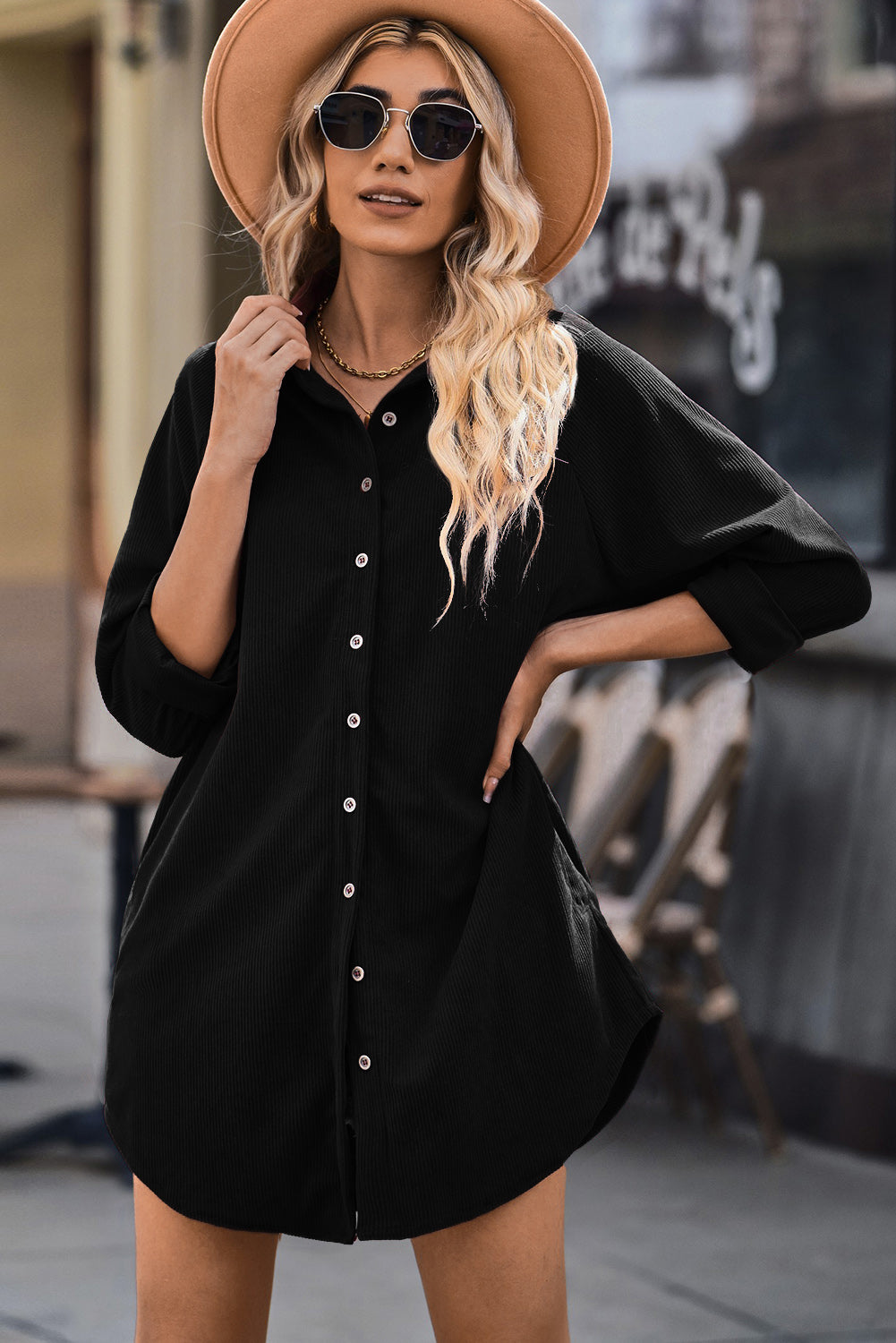 Corduroy Shirt Style Full Button Long Sleeve Shift Mini Dress