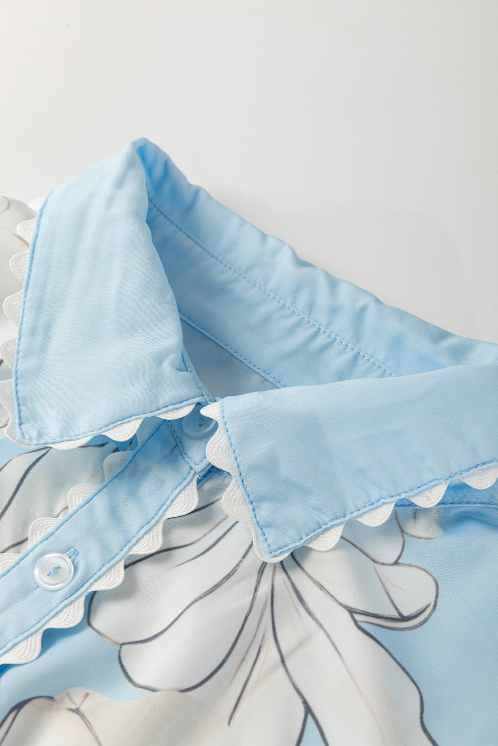 Floral Ric Rac Edge Puff Sleeve Button Up Summer Shirt