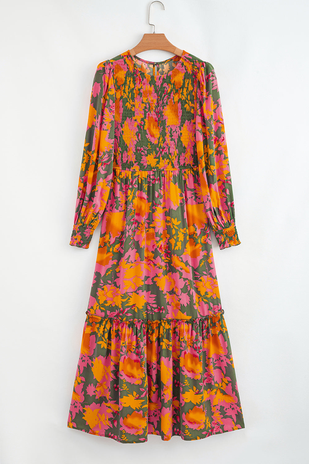 Orange Floral Puff Sleeve Smocked Bodice Ruffled Long Dress