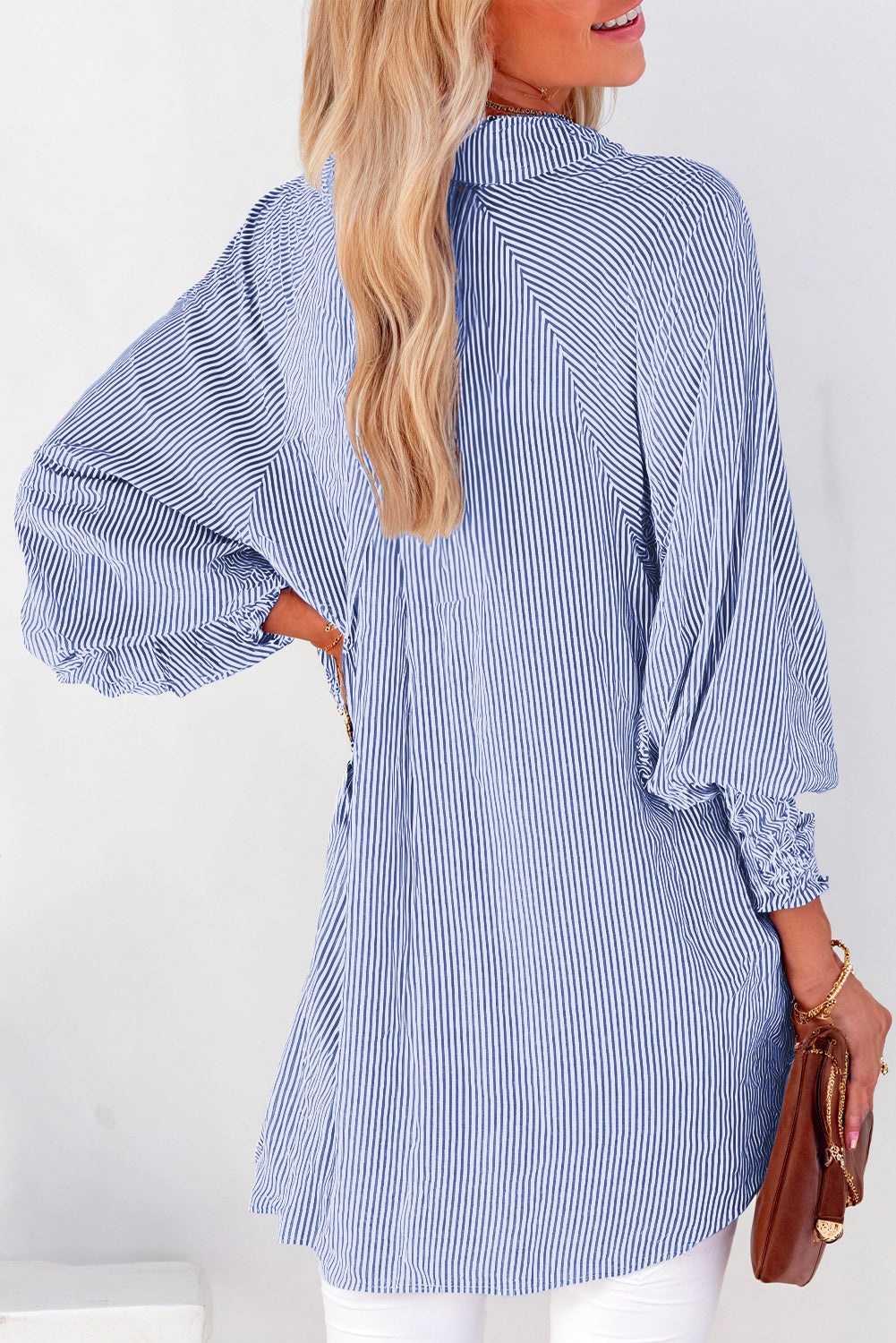Stripe Smocked Cuffed Striped Boyfriend Shirt with Pocket