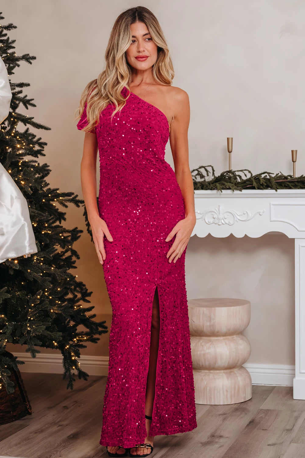 Pitaya Pink One Shoulder Thigh High Split Bodycon Sequin Gown
