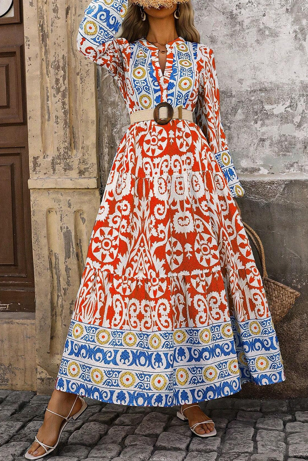 Orange Boho Geometric Printed Long Sleeve Maxi Dress The Perfect Touch SA Orange Boho Geometric Printed Long Sleeve Maxi Dress The Perfect Touch SA