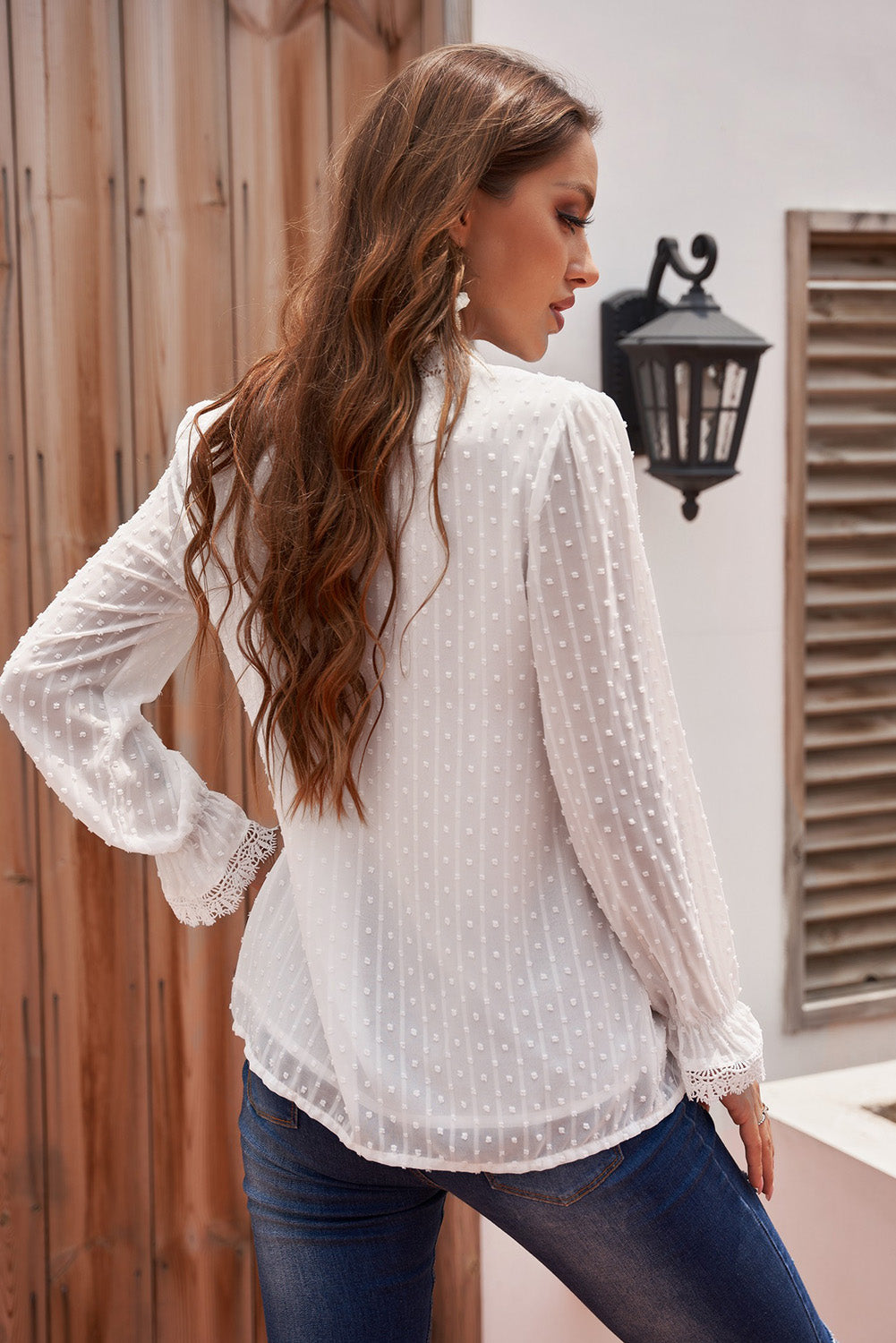White Elegant V-Neck Swiss Dot Lace Blouse