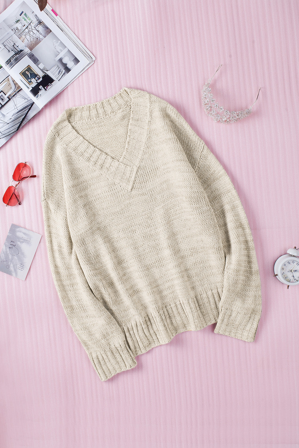 Khaki V neck Drop Shoulder Knitted Sweater