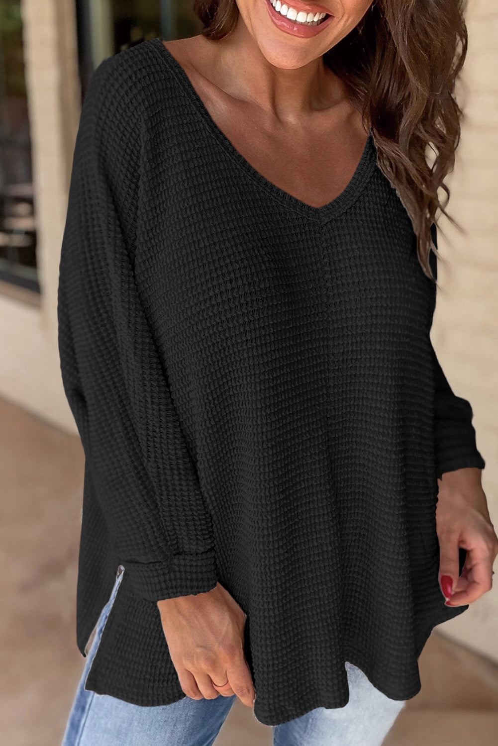 Waffle Knit Side Slits Loose Fit V N