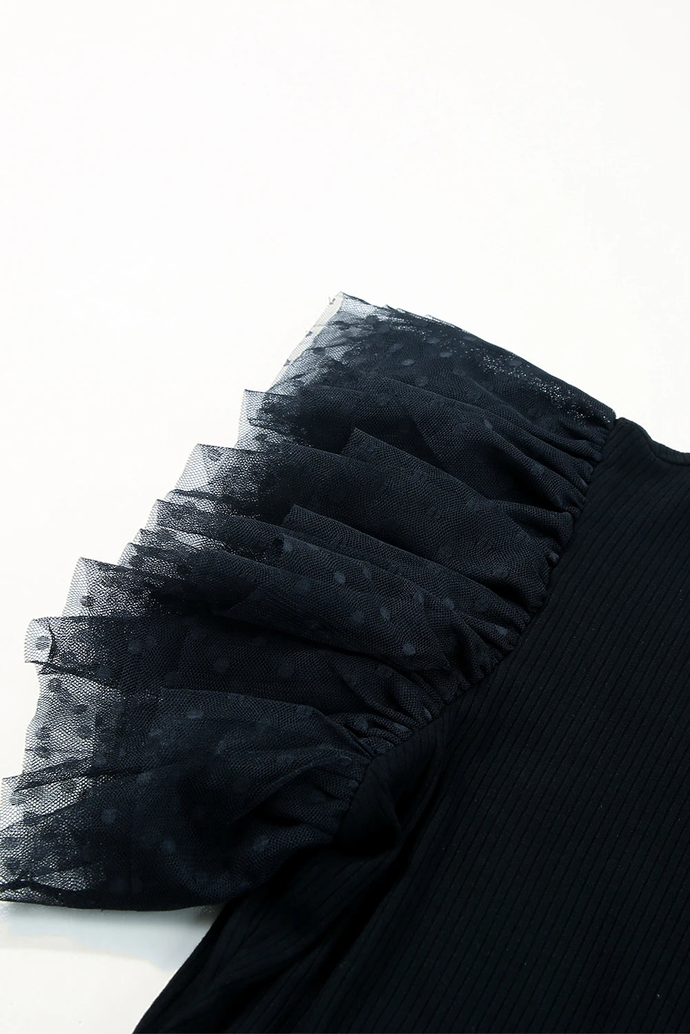 Black Dotty Mesh Ruffle Sleeve Ribbed Knit Babydoll Mini Dress