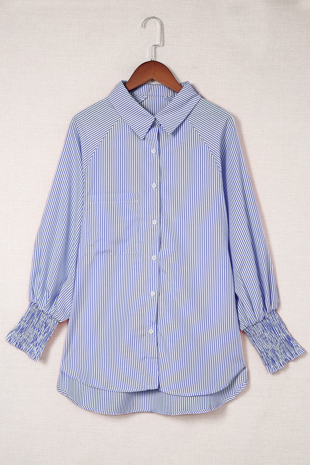 Stripe Smocked Cuffed Striped Boyfriend Shirt with Pocket