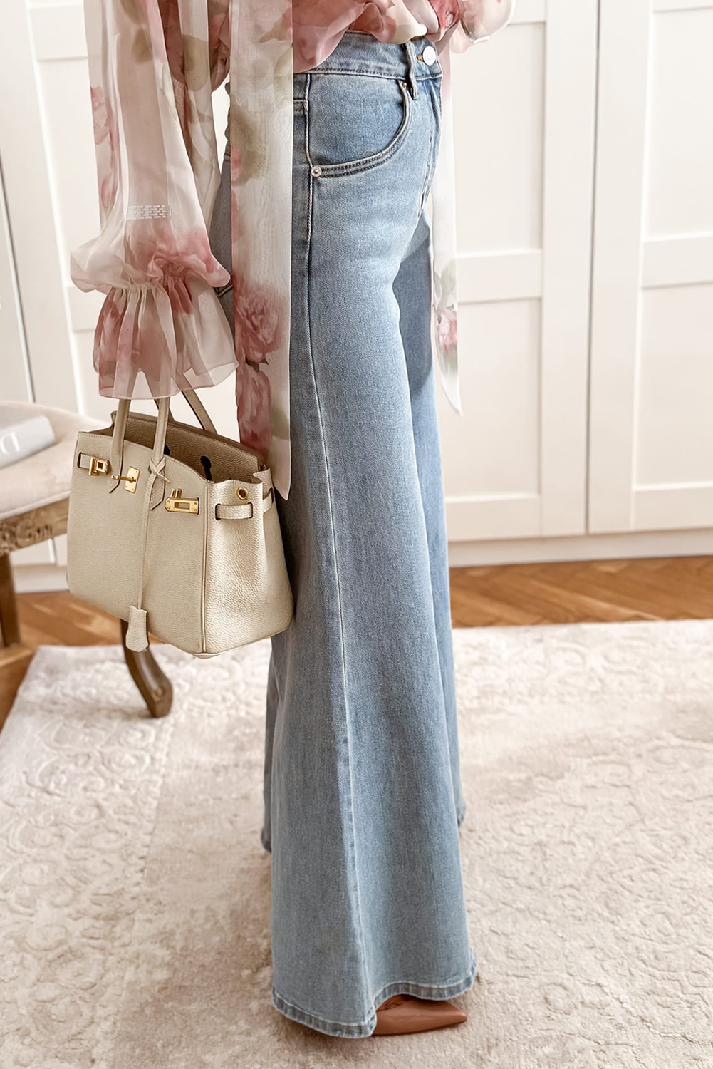 Beau Blue High Waist Button Zip Fly Bell Bottom Jeans