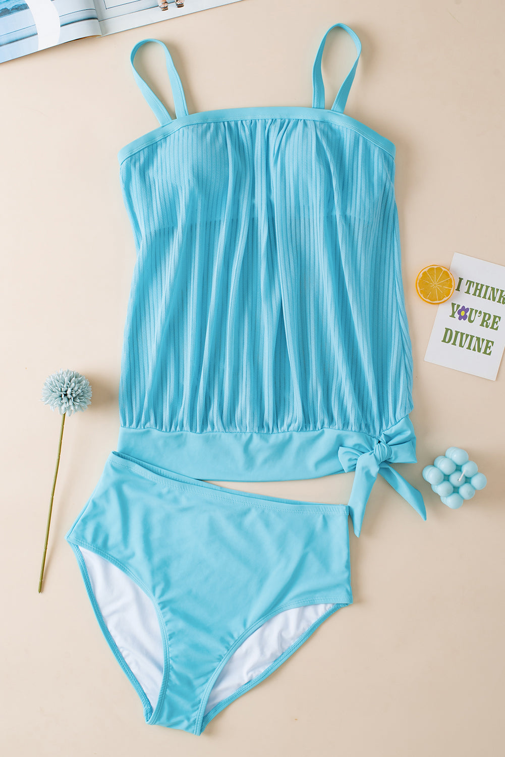 Striped Mesh Knotted Hem Tankini Swimsuit