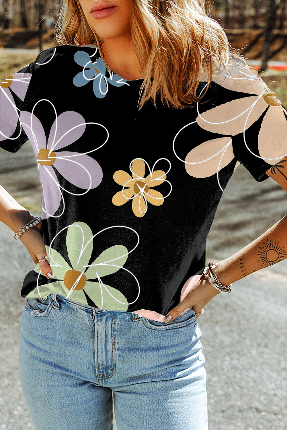 Black Summer Flower Print Casual Round Neck T Shirt