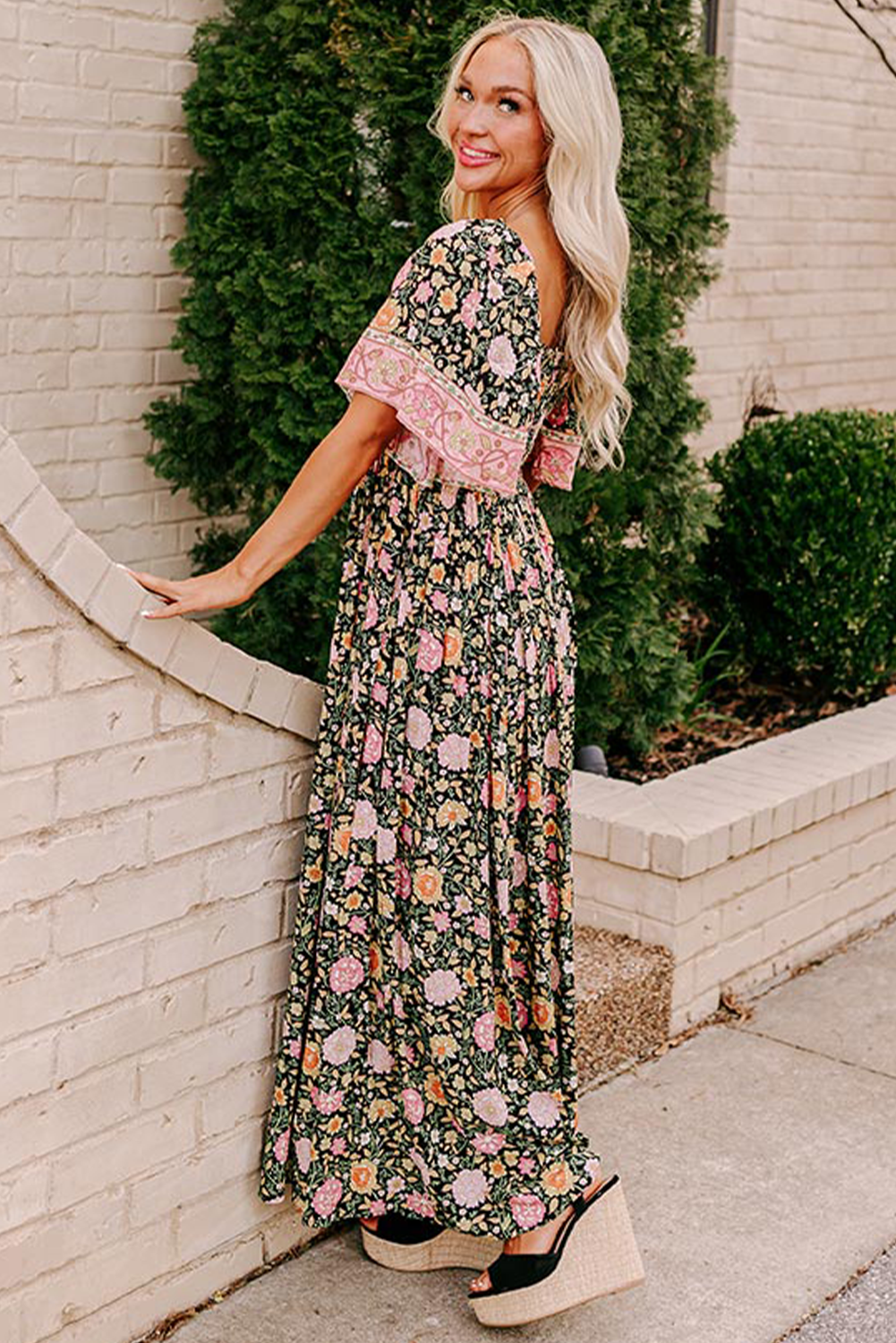 Black Boho Floral Patchwork V Neck Short Sleeve Maxi Dress