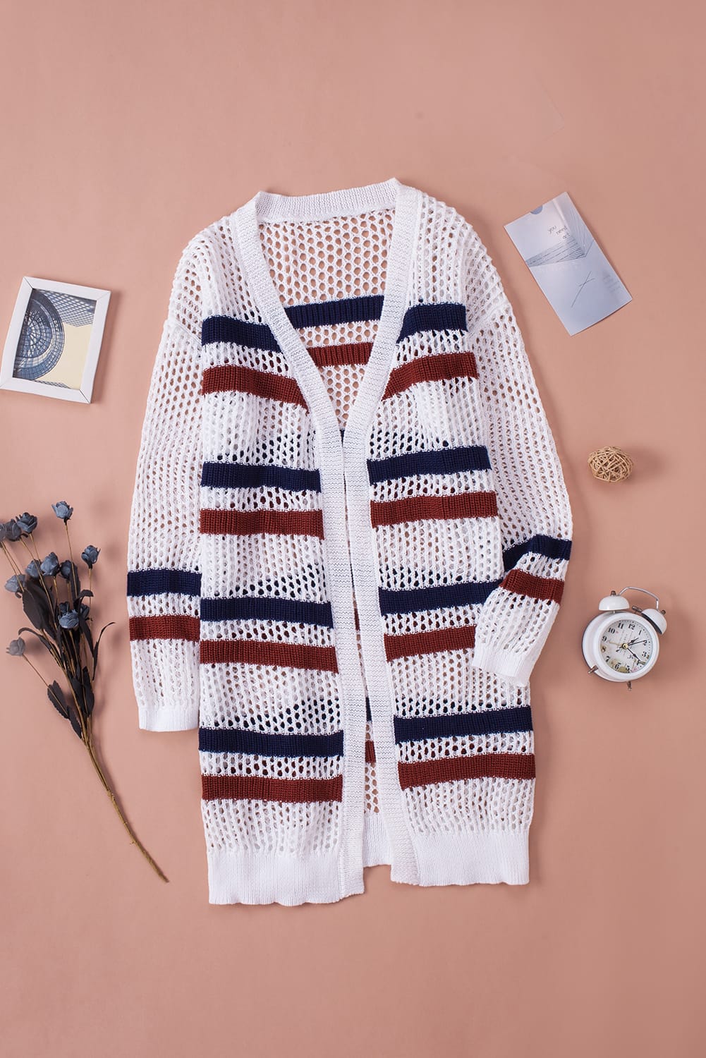 Striped Fishnet Knitted Cardigan