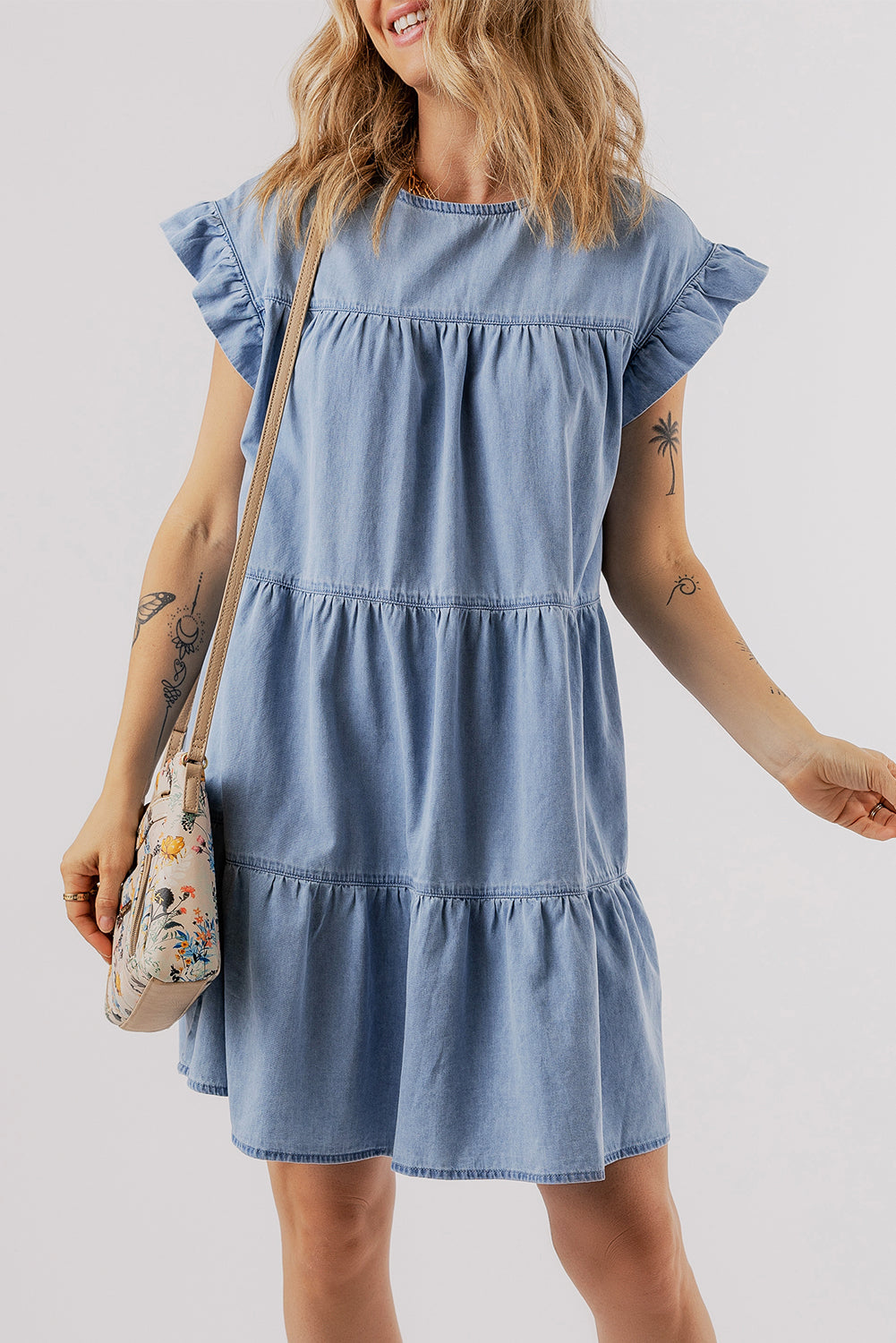 Beau Blue Ruffle Short Sleeve Tiered A-line Denim Dress The Perfect Touch SA Beau Blue Ruffle Short Sleeve Tiered A-line Denim Dress The Perfect Touch SA