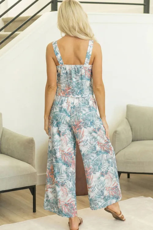 Green Tropical Palm Printed Cropped Tank Drawstring Wide Leg Pant Set