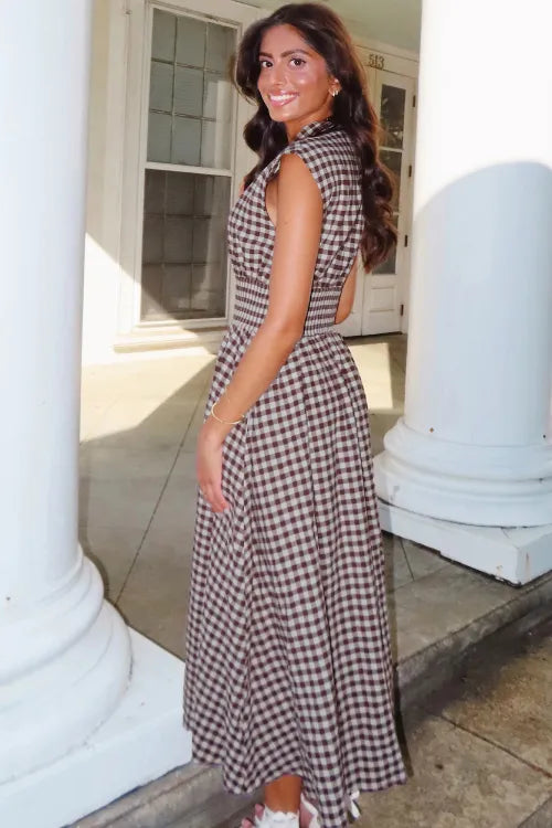 Plaid Print Full Zipper Cinched Waist Fit Flare Sleeveless Maxi Dress