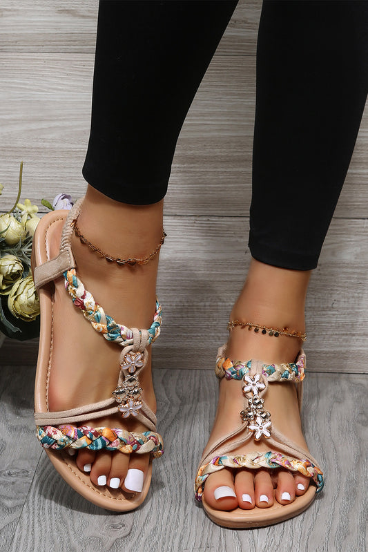 Apricot Flower Decor Braided Design Ankle Strap Sandals