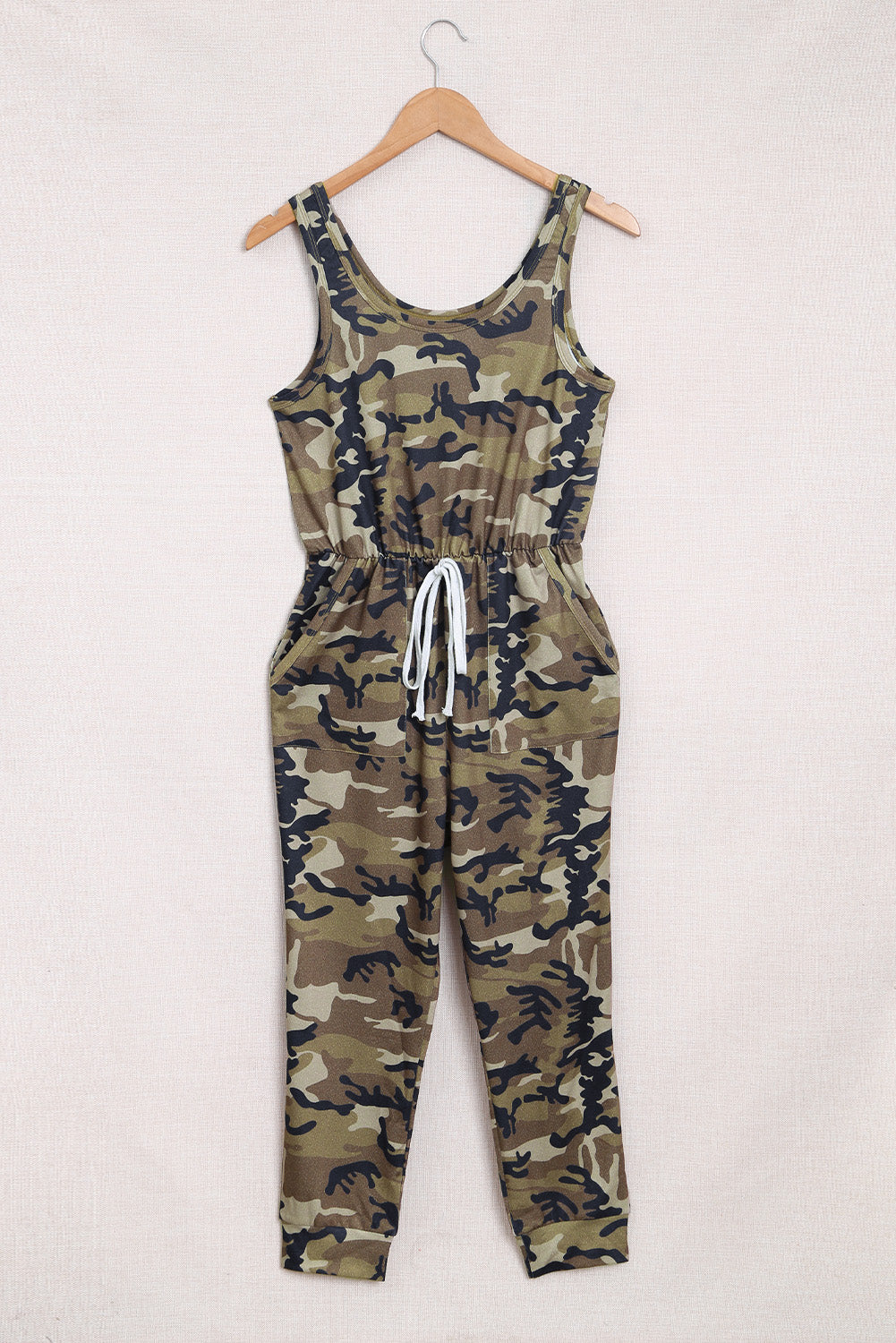 Green Camouflage Print Drawstring High Waist Sleeveless Jumpsuit