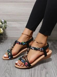 Black Flower Decor Braided Design Ankle Strap Sandals