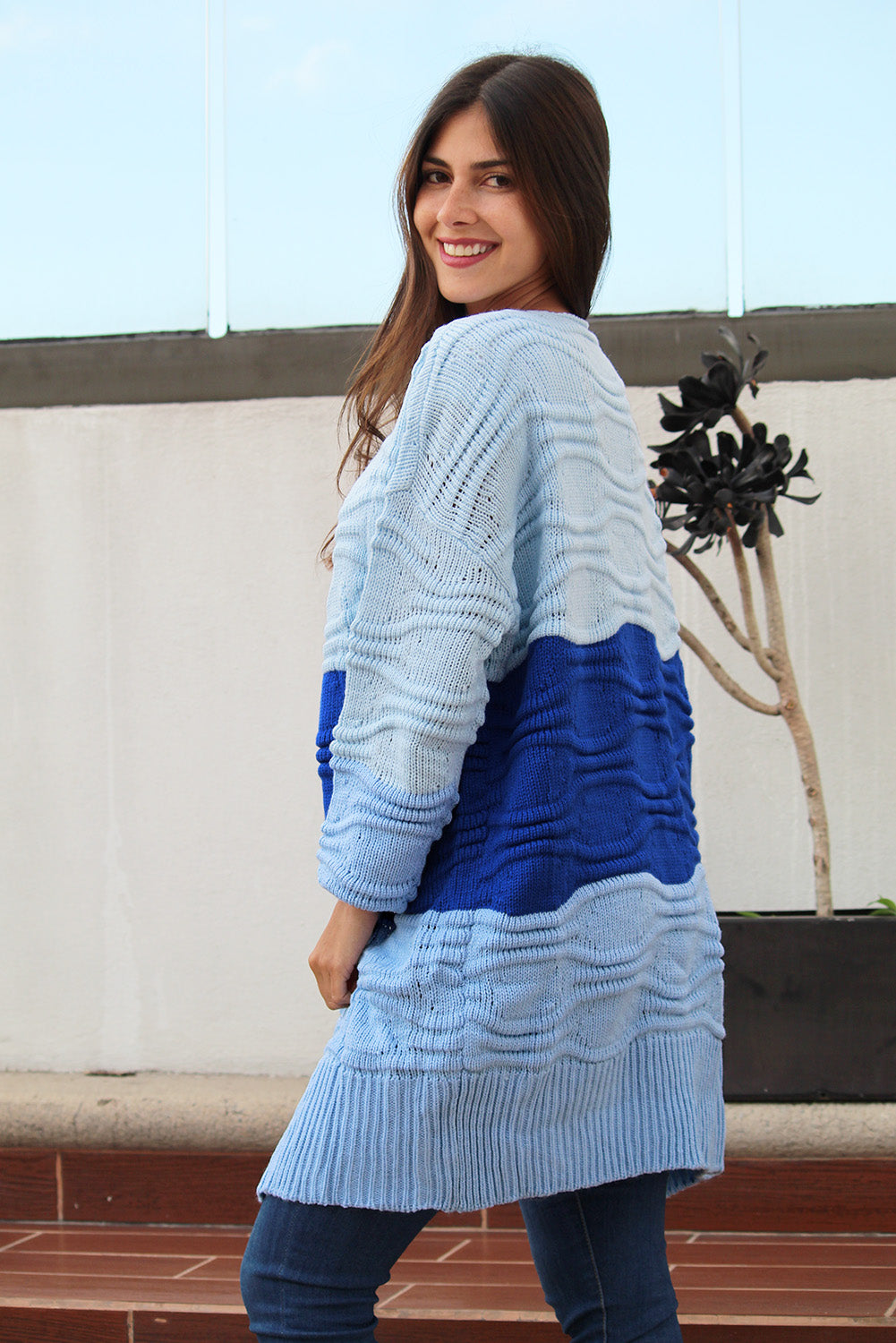 Sky Blue Color Block Drop Shoulder Open Front Knitted Sweater
