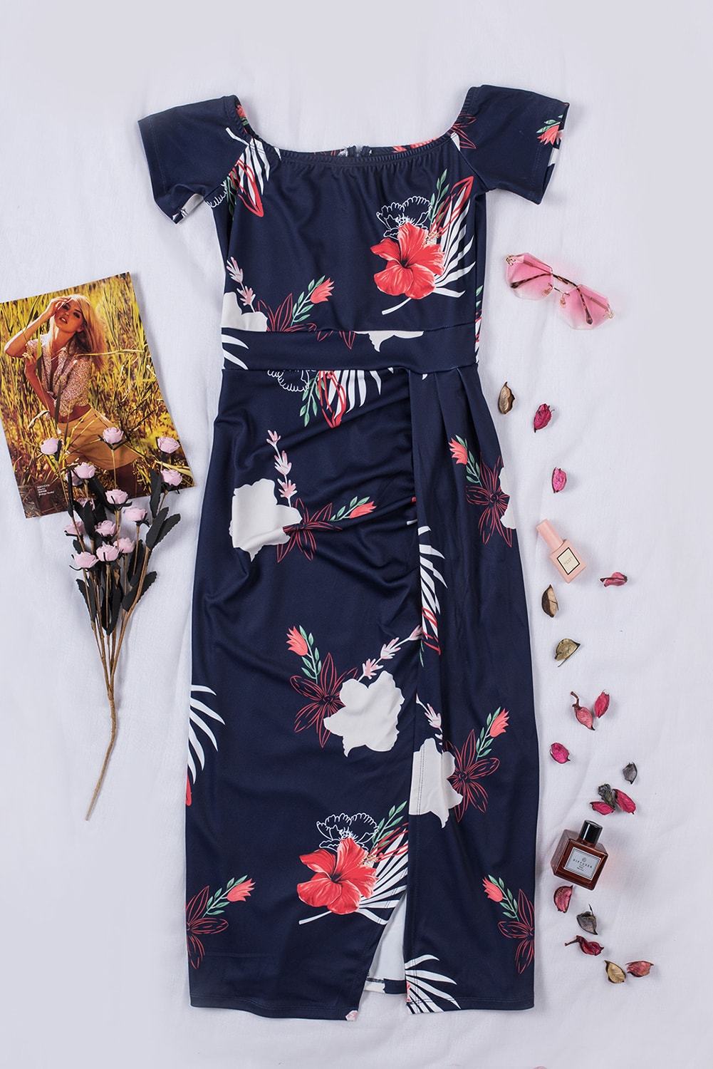 Red Floral Print Short Sleeve Off Shoulder Dress