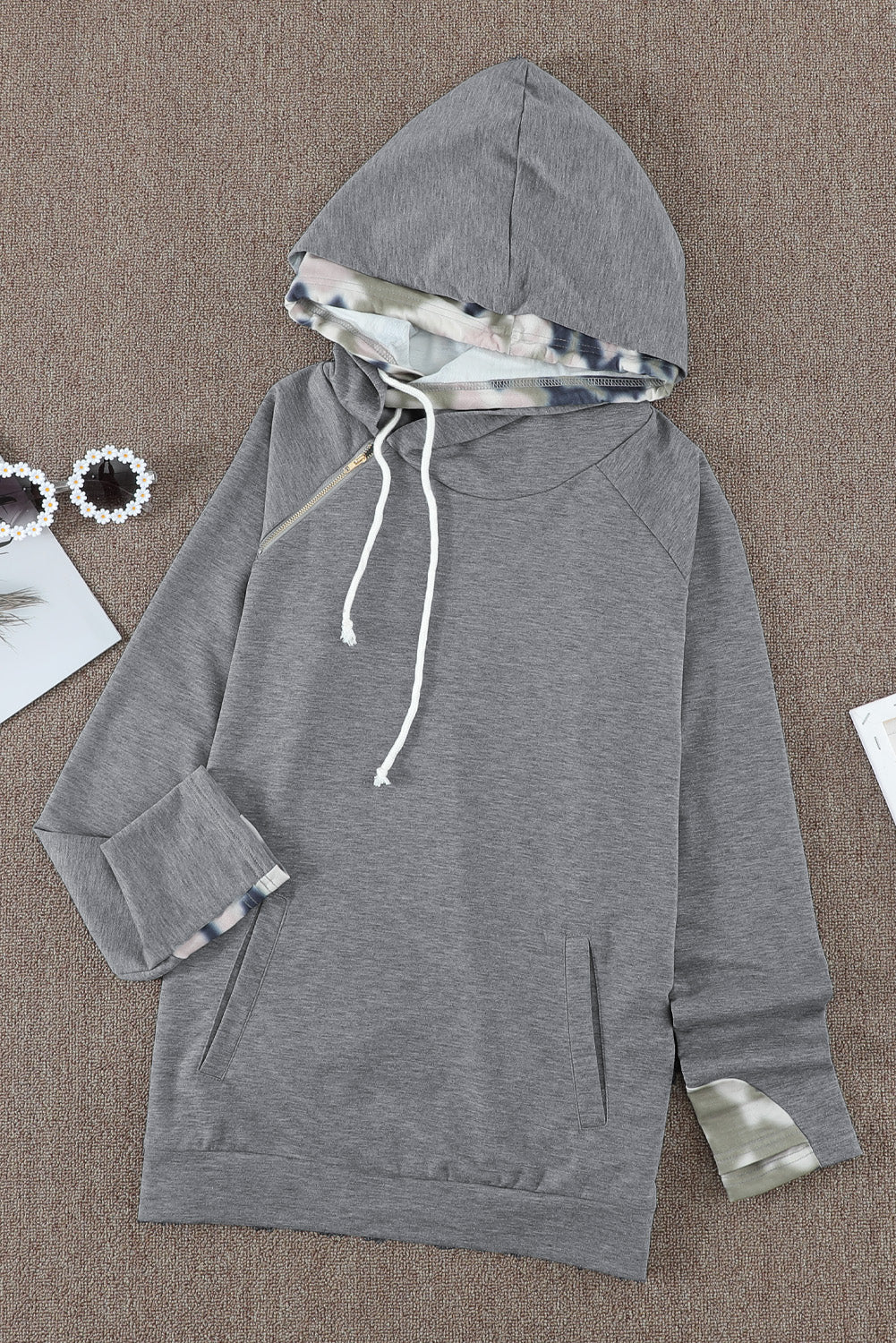 Gray Double Hooded Sweatshirt with Camo Elbow Patch and Inner Hooded