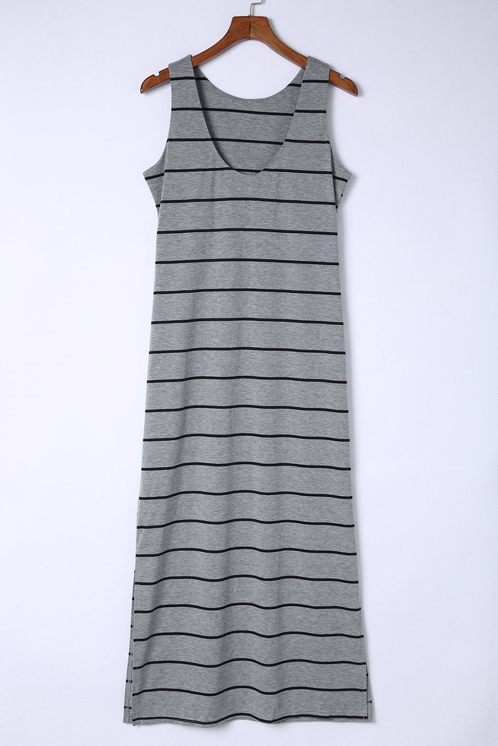 Gray Stripe Print Open Back Sleeveless Maxi Dress with Slits