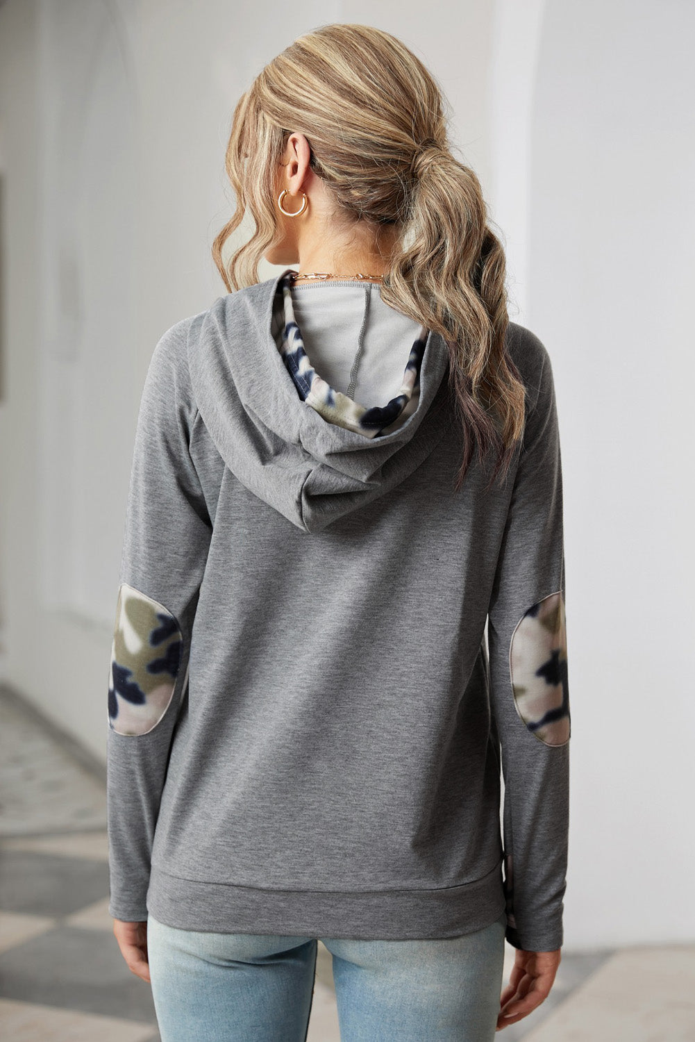 Gray Double Hooded Sweatshirt with Camo Elbow Patch and Inner Hooded