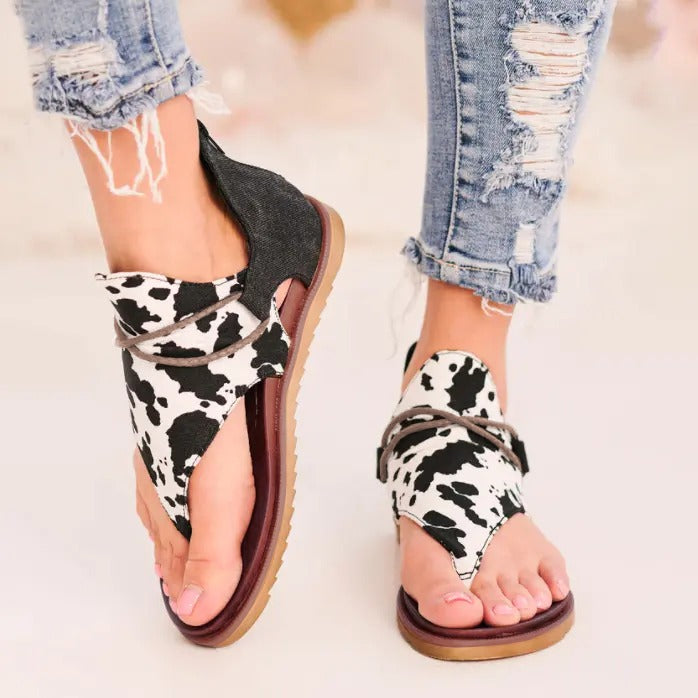 Cow Print Flip-Flops Hemp Rope Zipper Sandal
