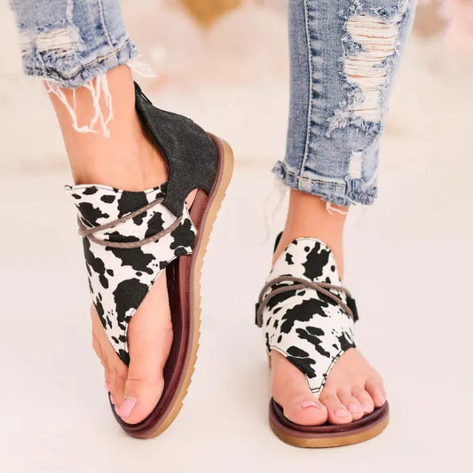 Cow Print Flip-Flops Hemp Rope Zipper Sandal