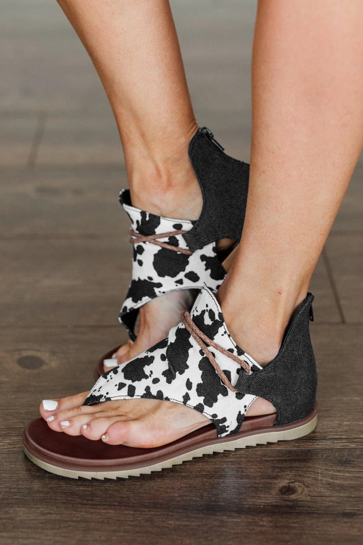 Cow Print Flip-Flops Hemp Rope Zipper Sandal