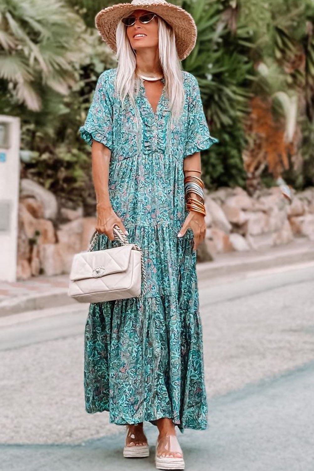 Paisley Print Boho Holiday Ruffle Tiered Maxi Dress The Perfect Touch SA Paisley Print Boho Holiday Ruffle Tiered Maxi Dress The Perfect Touch SA