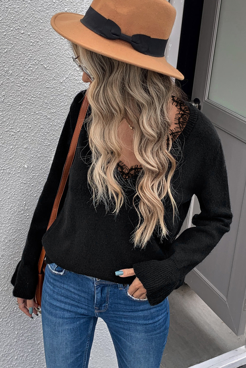 Eyelash V Neck Knitted Sweater