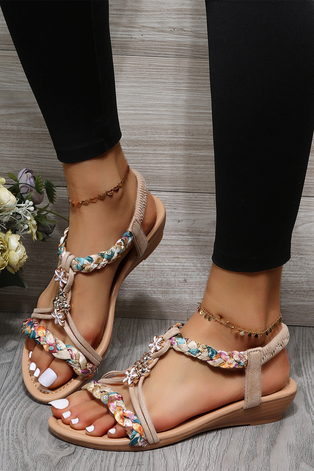 Apricot Flower Decor Braided Design Ankle Strap Sandals