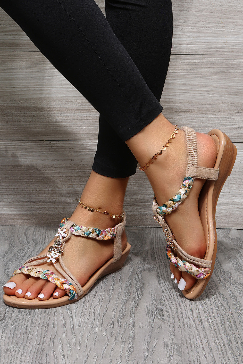 Apricot Flower Decor Braided Design Ankle Strap Sandals