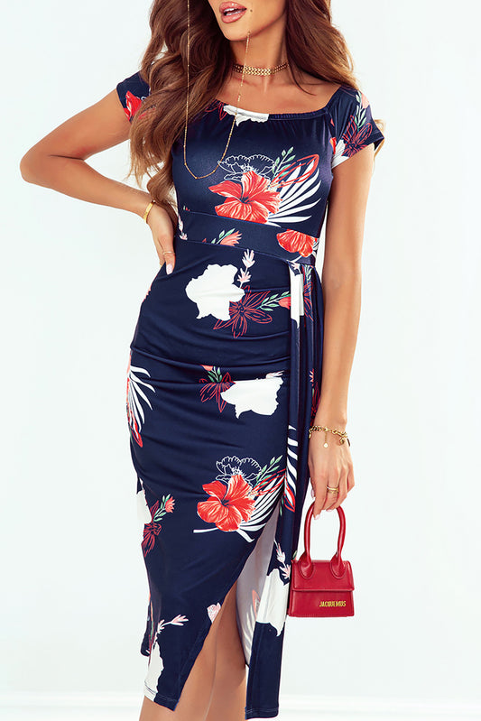 Red Floral Print Short Sleeve Off Shoulder Dress