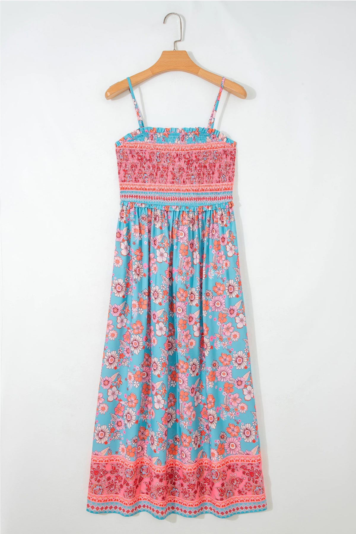 Sky Blue Bohemian Ethnic Print Spaghetti Straps Vacation Maxi Dress