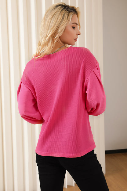Waffle Knit Balloon Sleeve Splicing V Neck Top