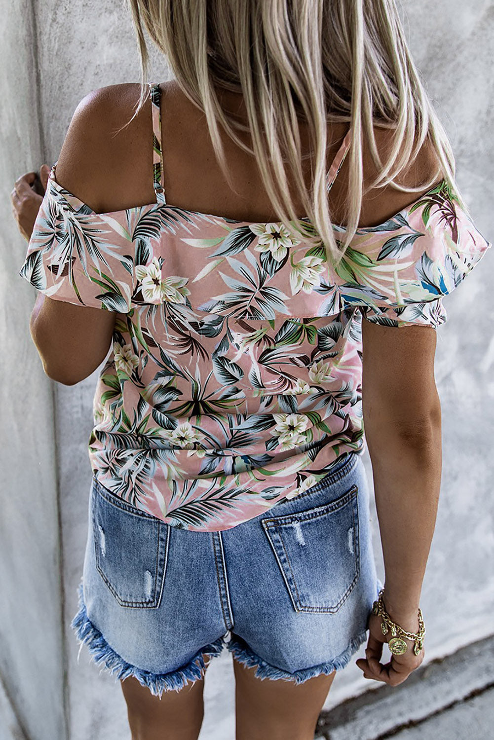 Floral Print Spaghetti Strap Ruffled Lace-up Short Sleeve T-shirt