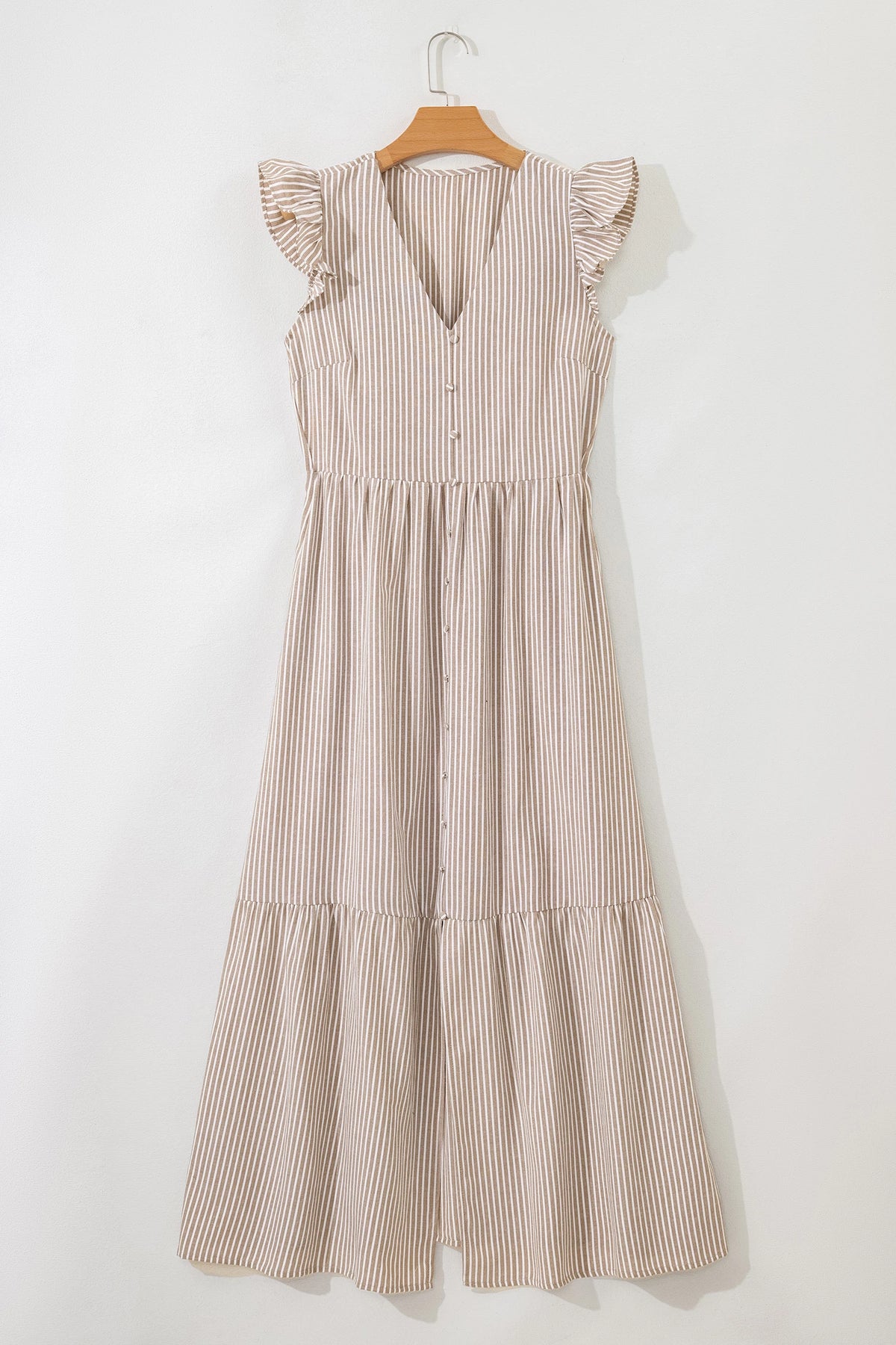 Khaki Stripe Flutter Sleeve Buttoned Front Slit Maxi Dress