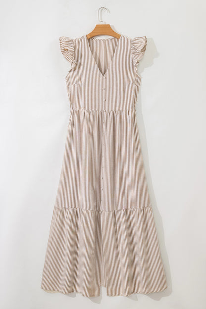 Khaki Stripe Flutter Sleeve Buttoned Front Slit Maxi Dress
