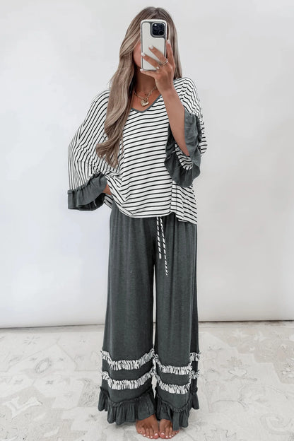 Ruffle Contrast Sleeve Top Drawstring Pants 2pcs Set