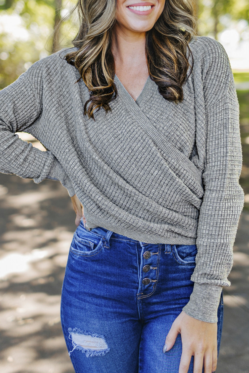 Wrap V Neck Waffle Sweater
