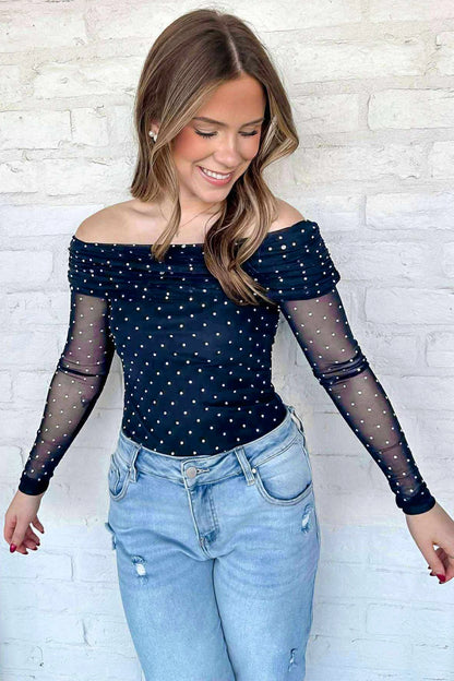 Blue Off Shoulder Polka Dot Mesh Long Sleeve Sheath Top