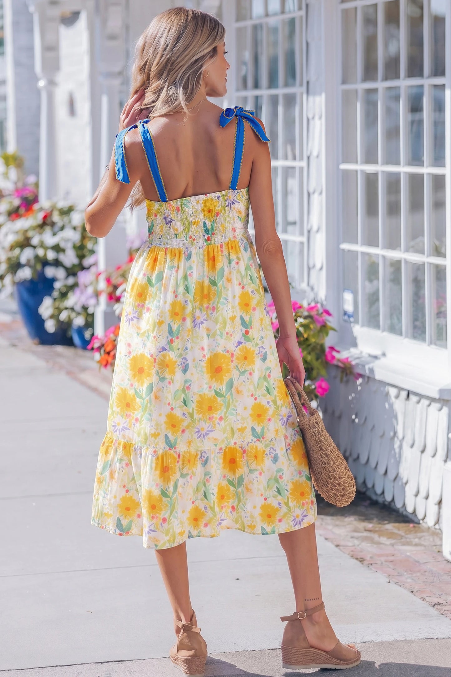 Floral Print Contrast Stitched Knot Denim Straps High Waist Dress
