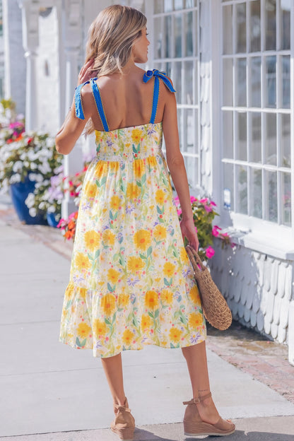 Floral Print Contrast Stitched Knot Denim Straps High Waist Dress
